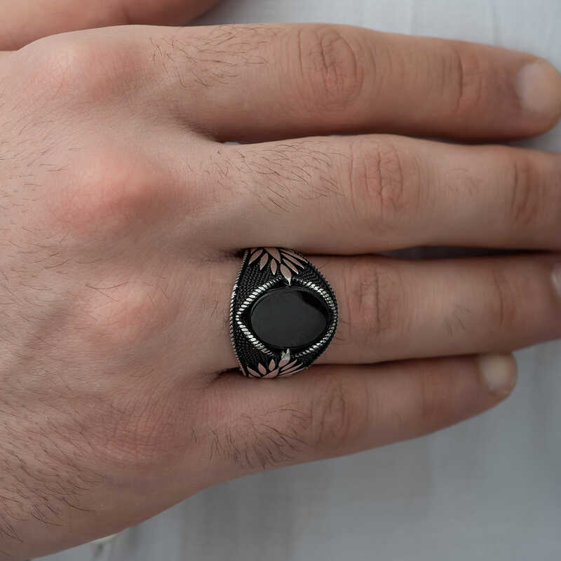 Silver Onyx Stone Embroidered Men’s Ring