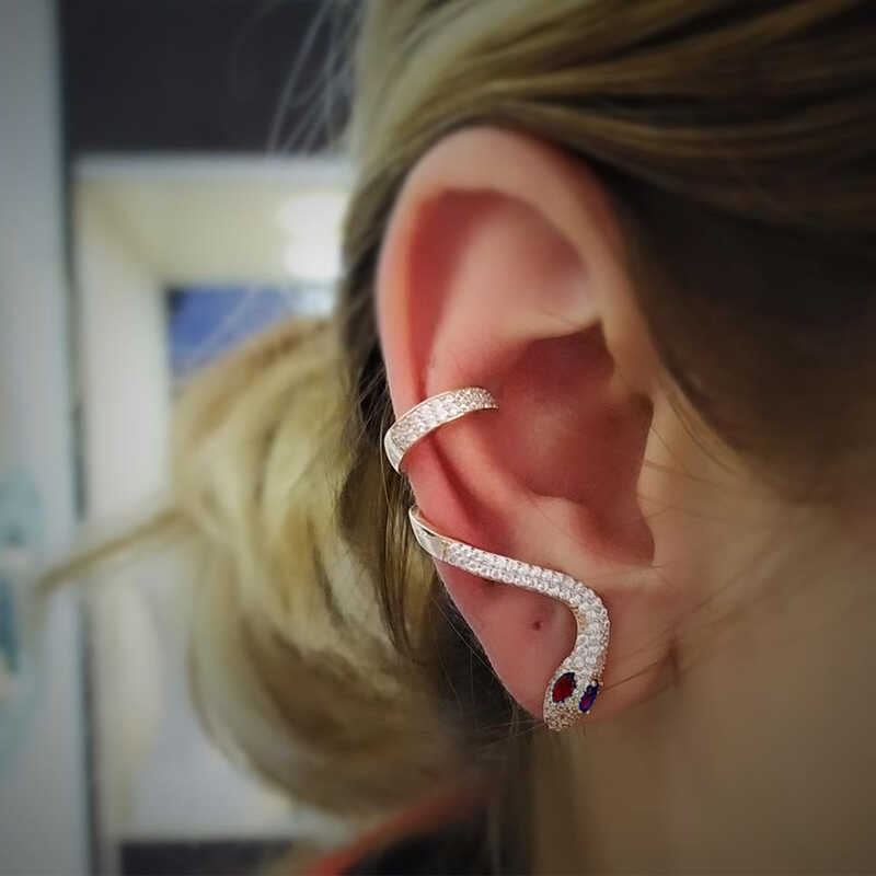 Silver Single Cartilage Pink Eyed Snake Earring