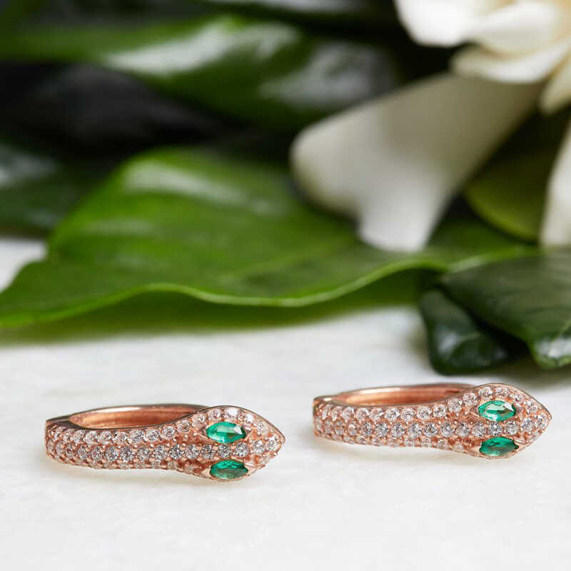 Silver Green Eyed Snake Hoop Earrings