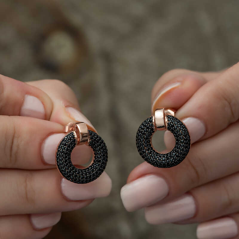 Silver Black Multi Stone Circle Women’s Earrings
