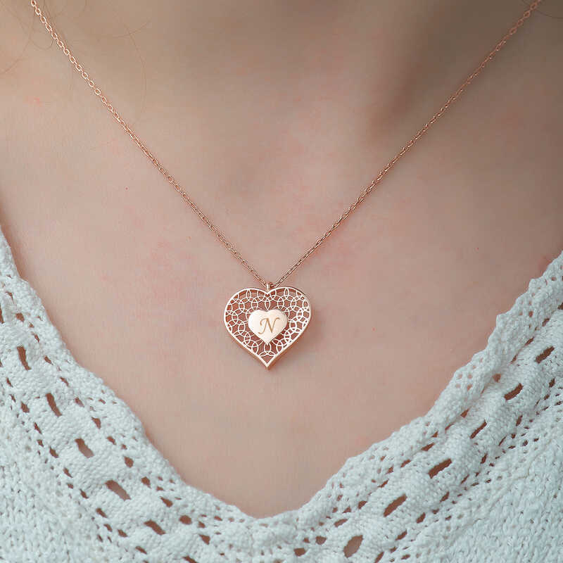 Silver Rose Personalized Heart-in-a-Heart Necklace for Women