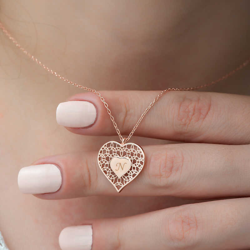 Silver Rose Personalized Heart-in-a-Heart Necklace for Women