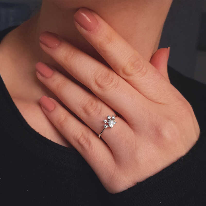 Silver White Cat Paw Ring