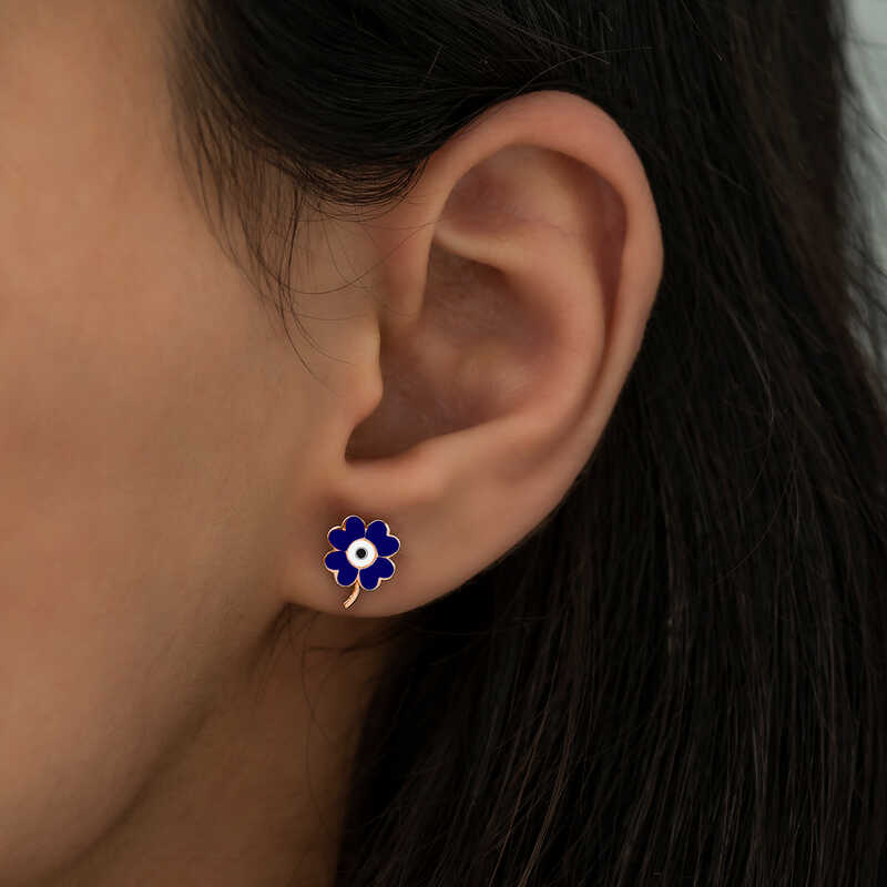 Silver Fluorescent Navy Blue Clover Earrings