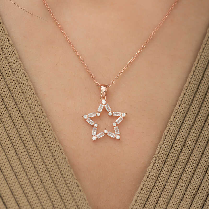 Silver Rose Baguette Stone Star Necklace