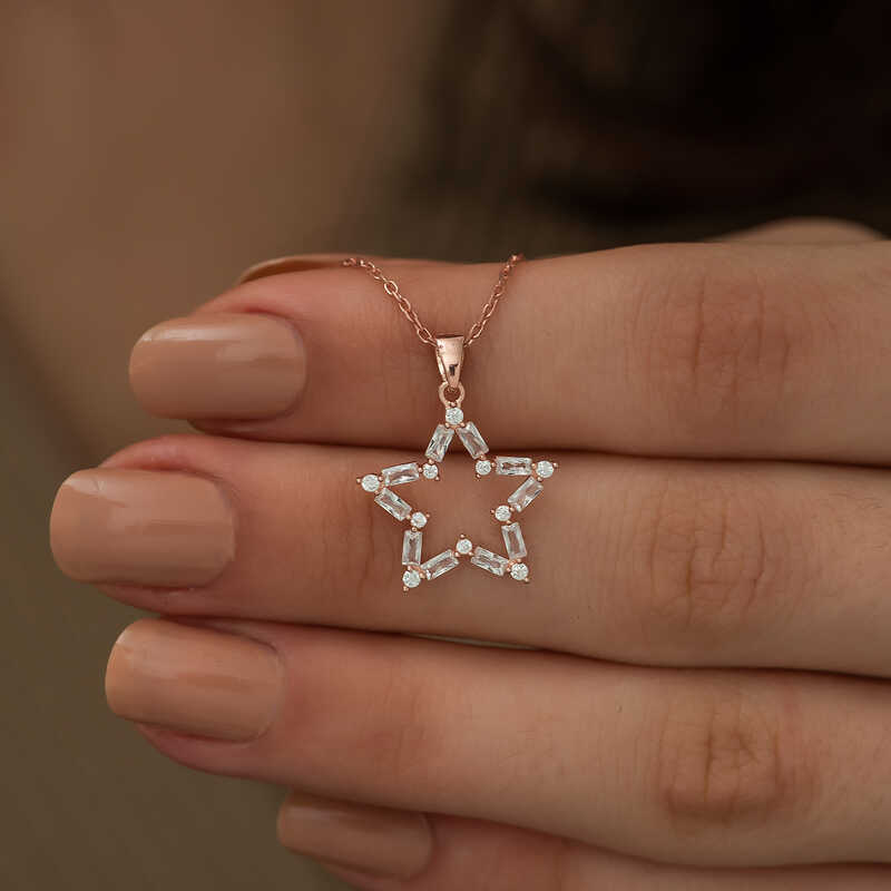 Silver Rose Baguette Stone Star Necklace