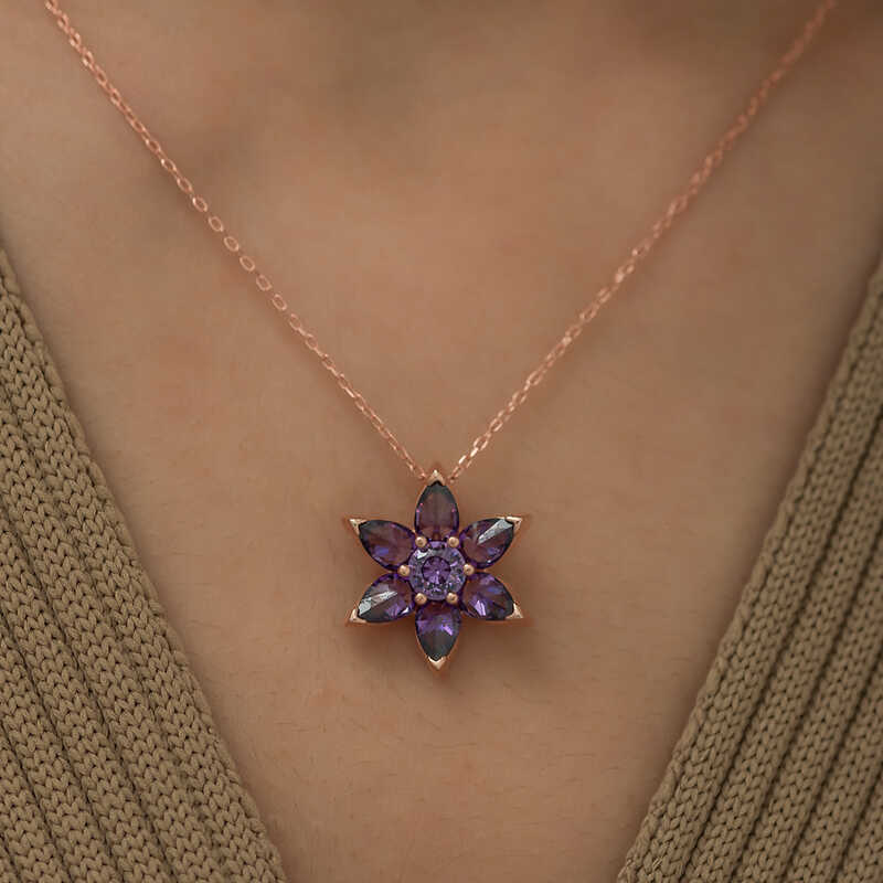 Silver Rose Purple Flower Necklace
