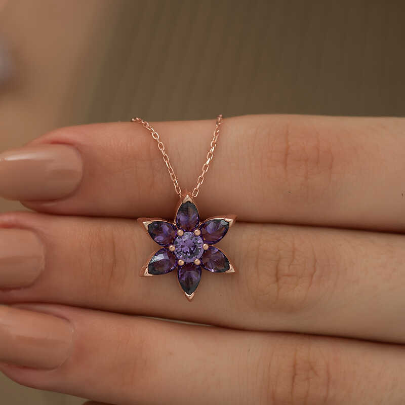 Silver Rose Purple Flower Necklace