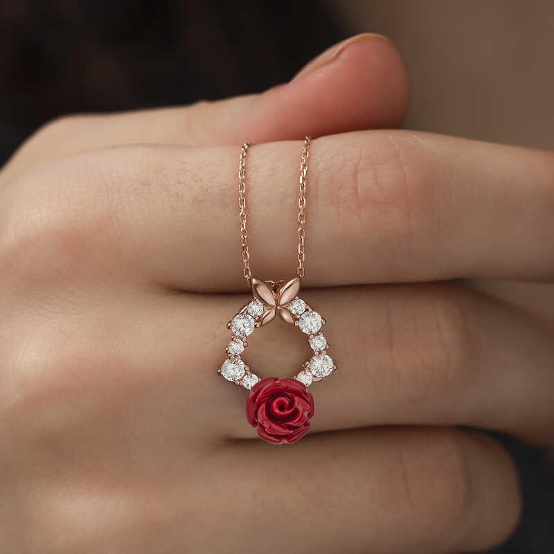 Silver Rose Red Rose Necklace