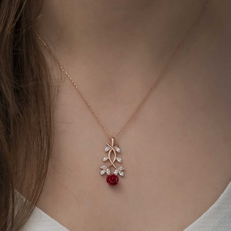 Silver Rose Red Rose Necklace
