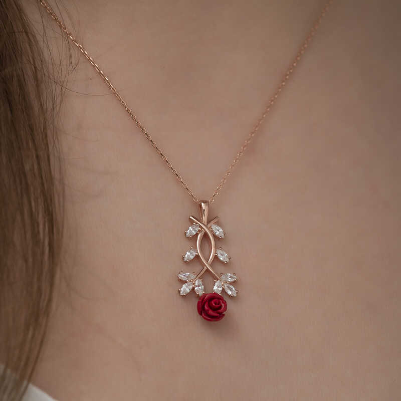 Silver Rose Red Rose Necklace
