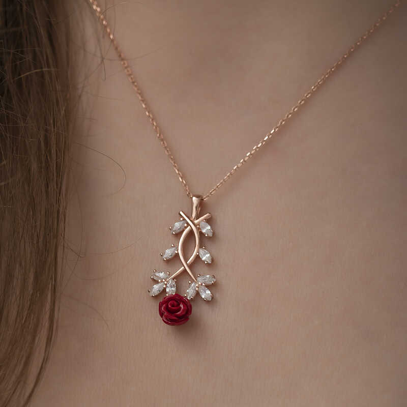 Silver Rose Red Rose Necklace