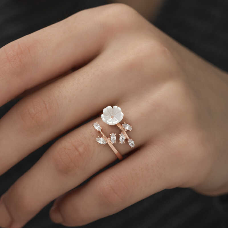 Silver Rose White Spring Flower Ring