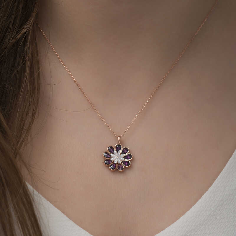 Silver Rose Redbud Flower Necklace