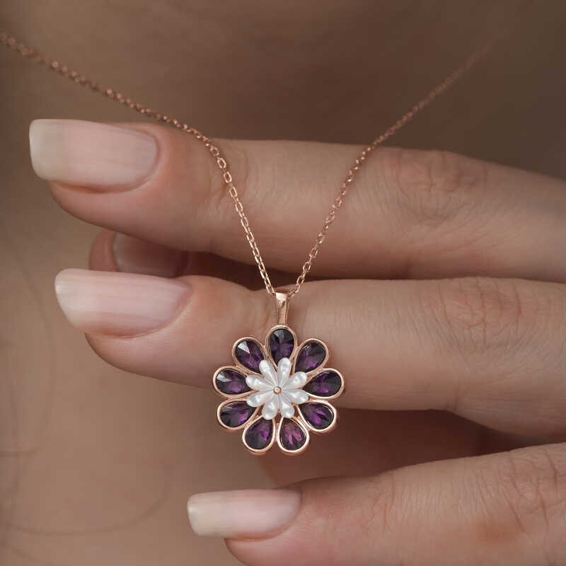 Silver Rose Redbud Flower Necklace