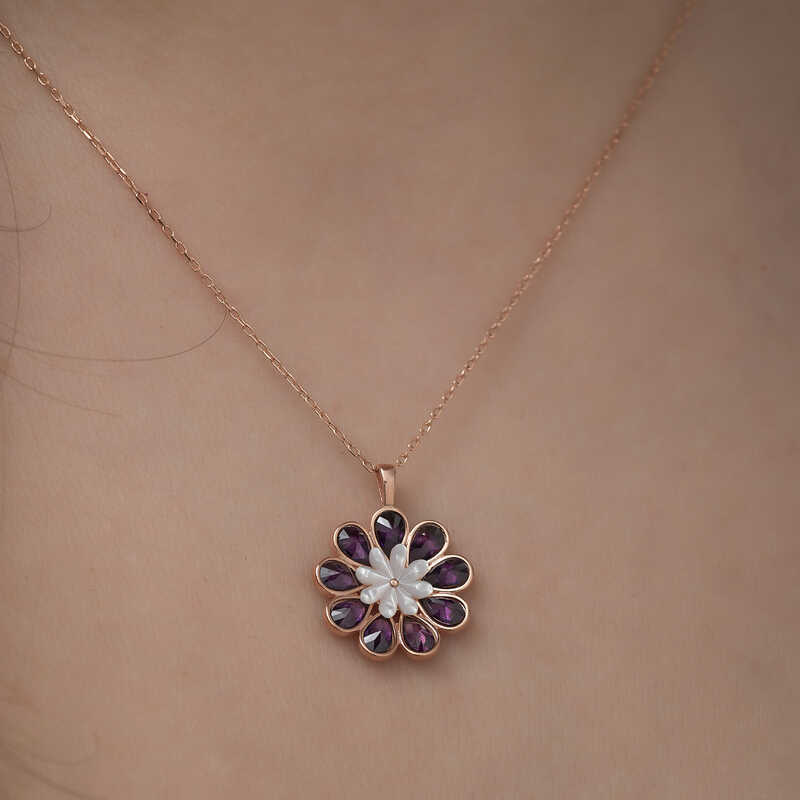 Silver Rose Redbud Flower Necklace