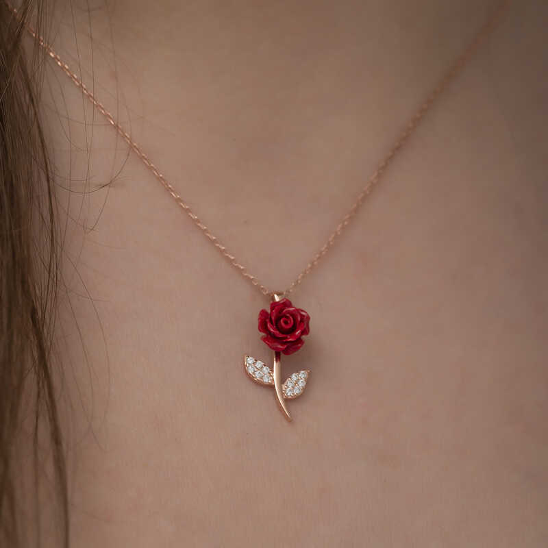 Silver Rose Red Rose Necklace