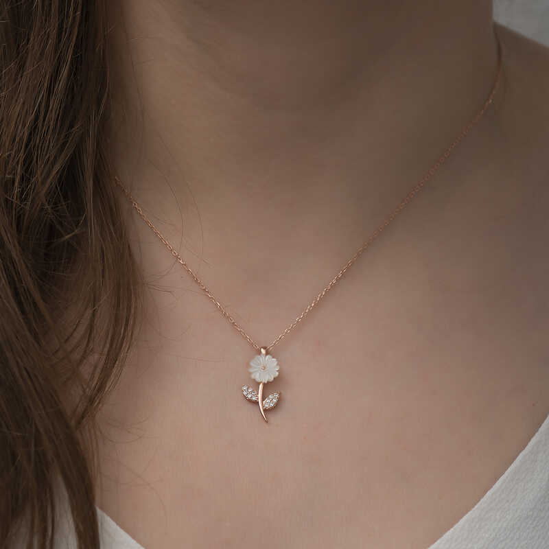 Silver Rose Mother of Pearl Flower Necklace