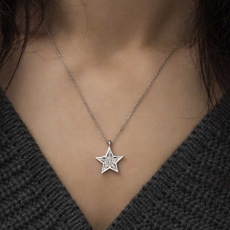 Silver Baguette Stone Star Necklace