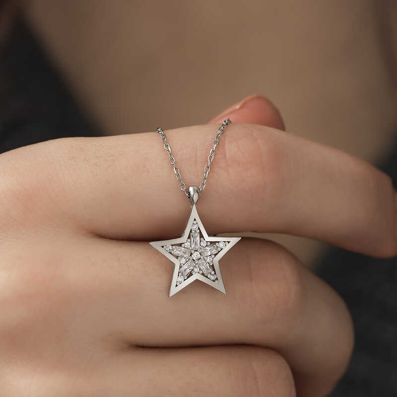 Silver Baguette Stone Star Necklace