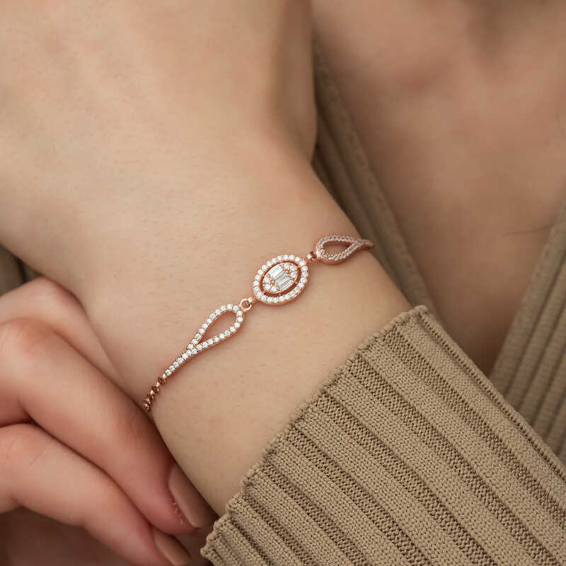 Silver Rose Oval Baguette Bracelet