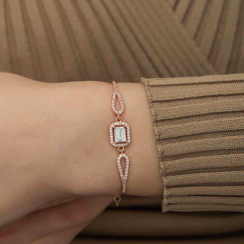 Silver Rose Rectangular Baguette Bracelet
