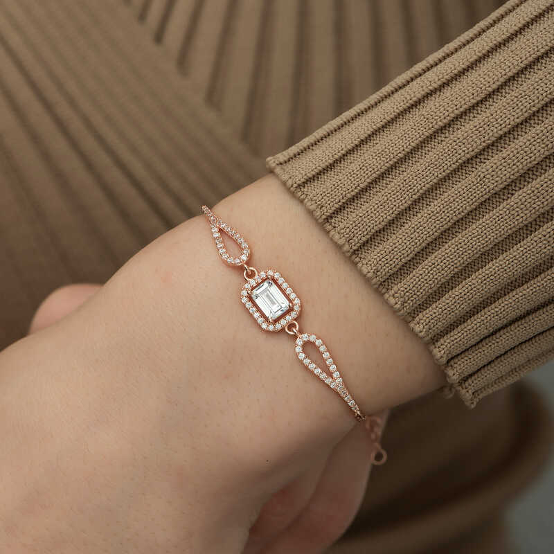 Silver Rose Rectangular Baguette Bracelet
