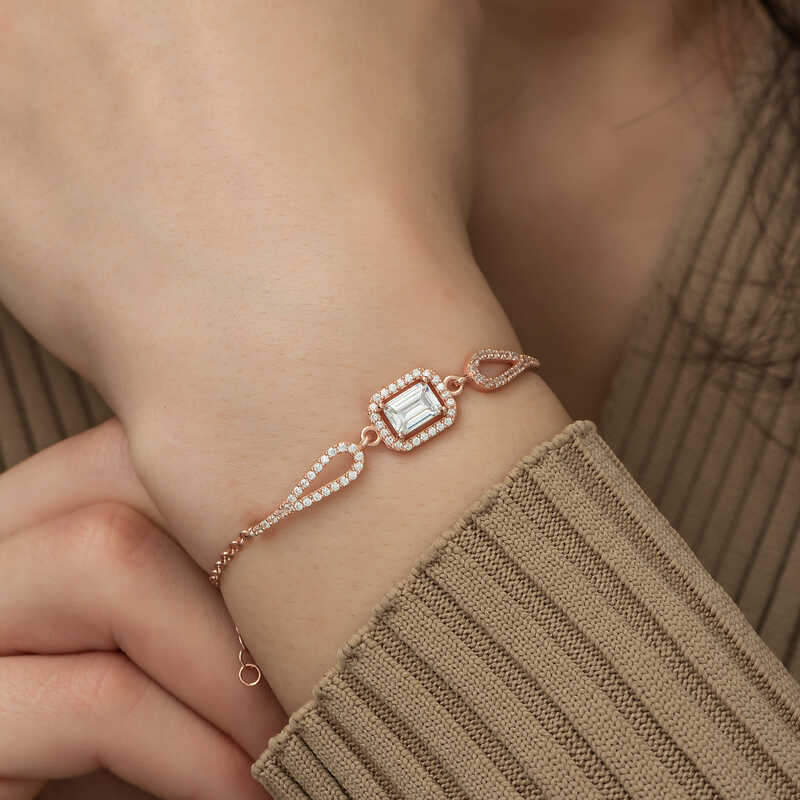 Silver Rose Rectangular Baguette Bracelet