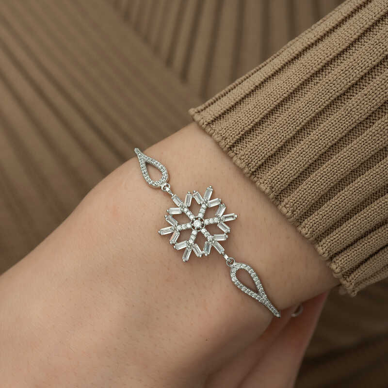 Silver Baguette Stone Snowflake Bracelet