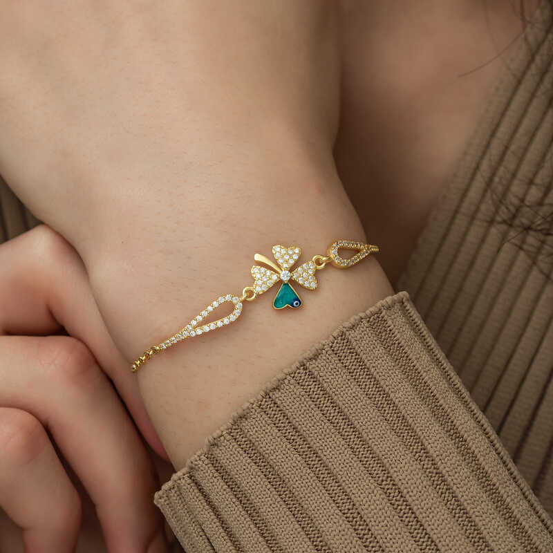 Silver Gold Evil Eye Clover Bracelet