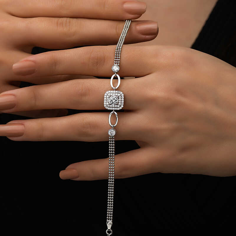 Silver Square Mount White Stone Bracelet