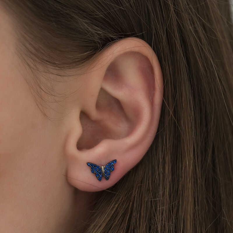 Silver Navy Blue Butterfly Earrings