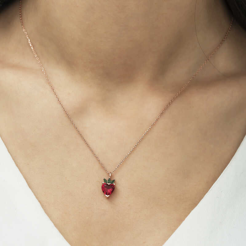 Silver Rose Strawberry Figurine Fruit Necklace