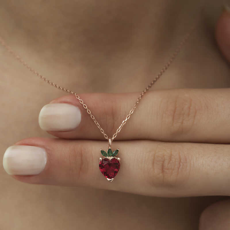 Silver Rose Strawberry Figurine Fruit Necklace