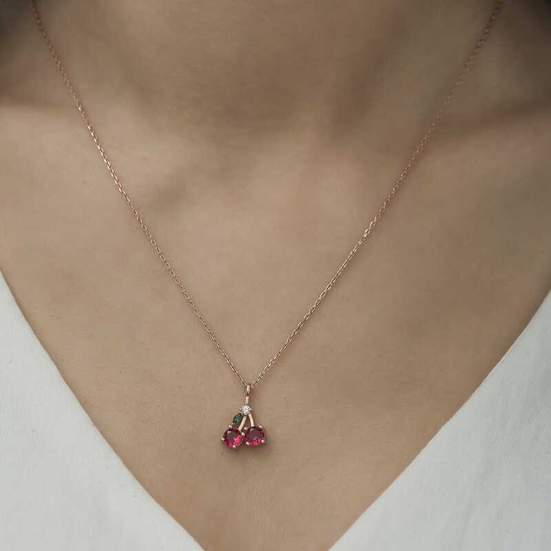 Silver Rose Cherry Figurine Fruit Necklace