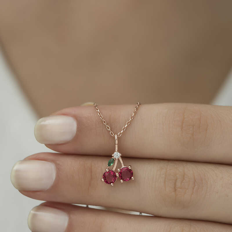 Silver Rose Cherry Figurine Fruit Necklace
