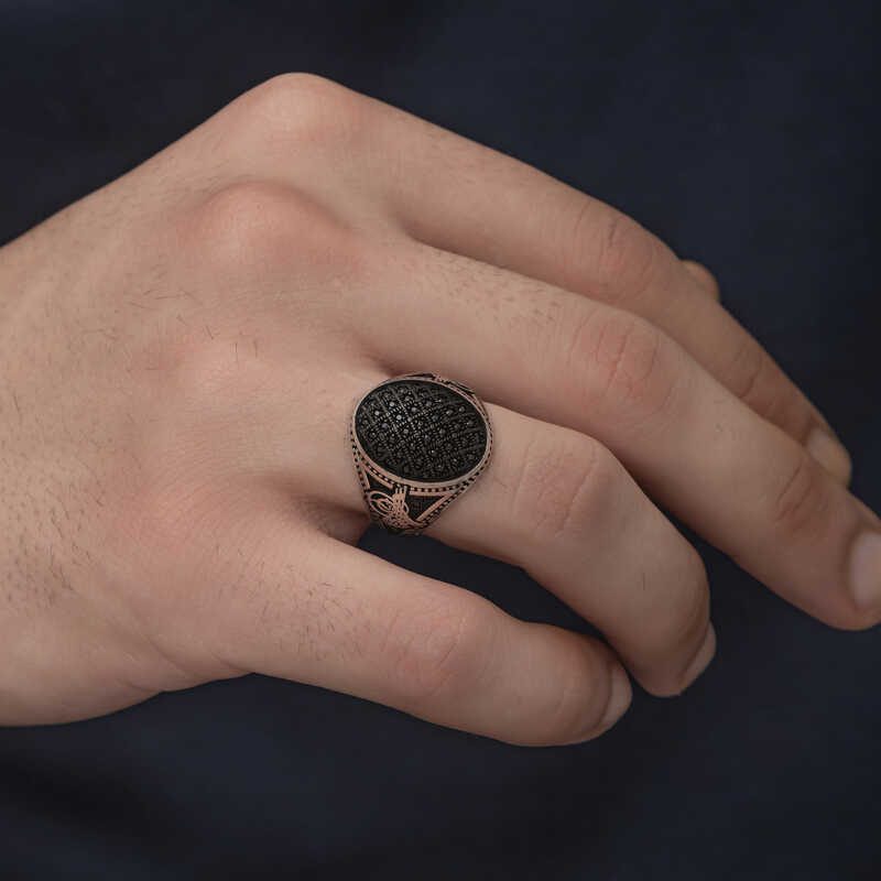 Silver Tughra Black Zircon Stone Men’s Ring