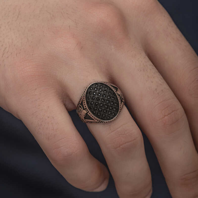 Silver Tughra Black Zircon Stone Men’s Ring