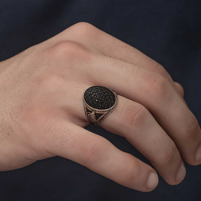 Silver Tughra Black Zircon Stone Men’s Ring