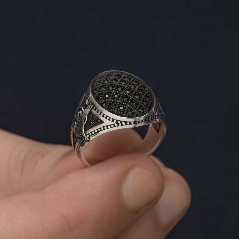 Silver Tughra Black Zircon Stone Men’s Ring
