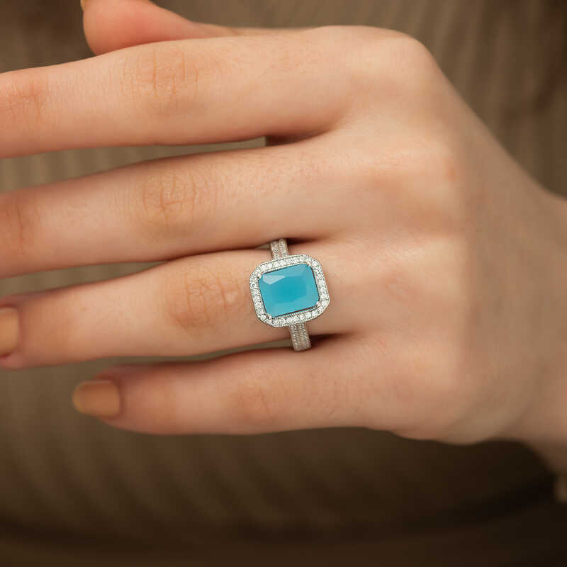 Silver Turquoise Baguette Square Women’s Ring