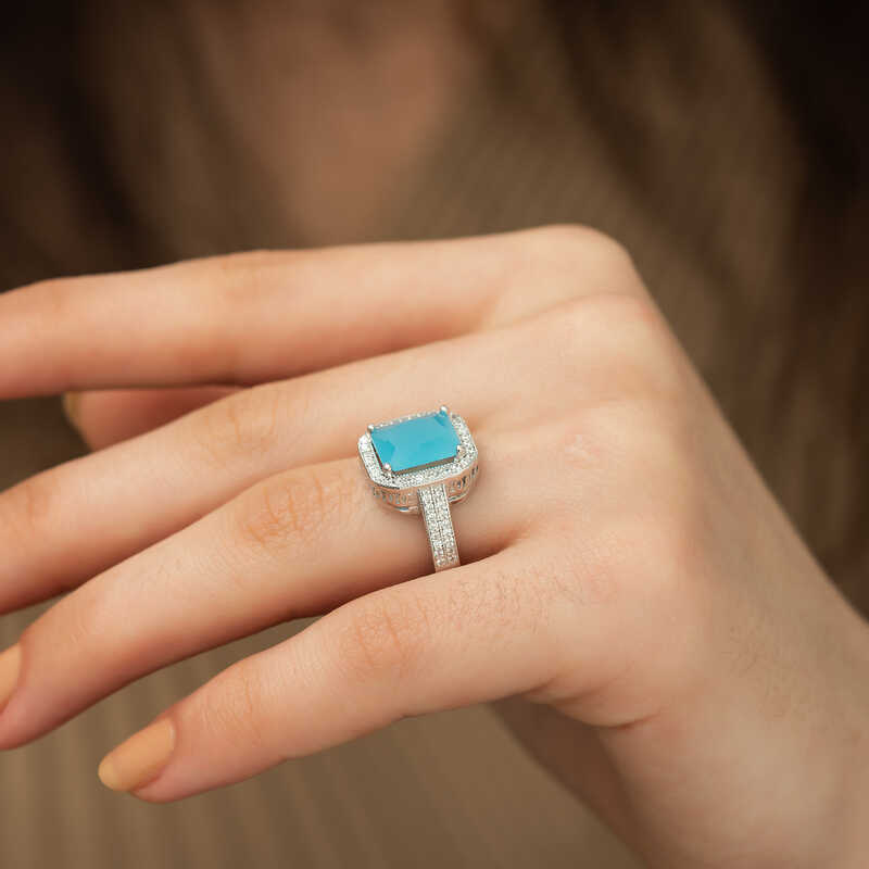 Silver Turquoise Baguette Square Women’s Ring