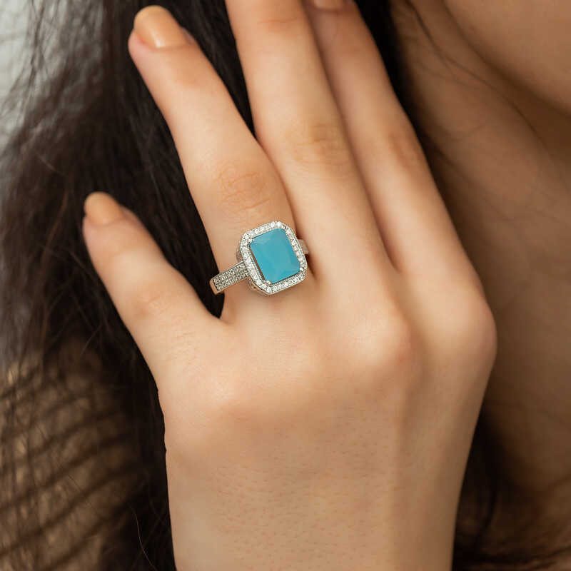Silver Turquoise Baguette Square Women’s Ring