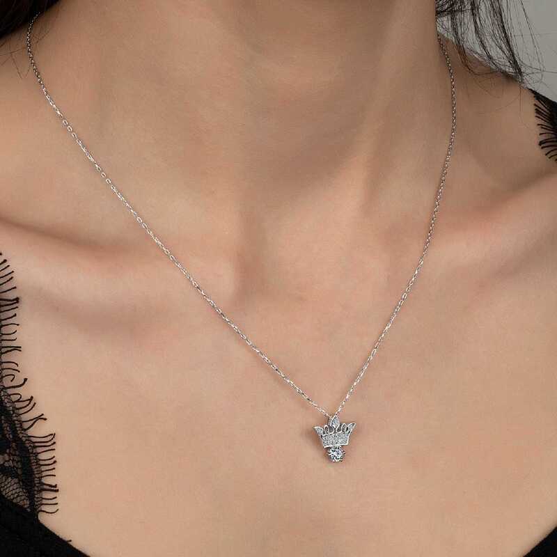 Swarovski Taşlı Gümüş Kral Tacı Bayan Kolye