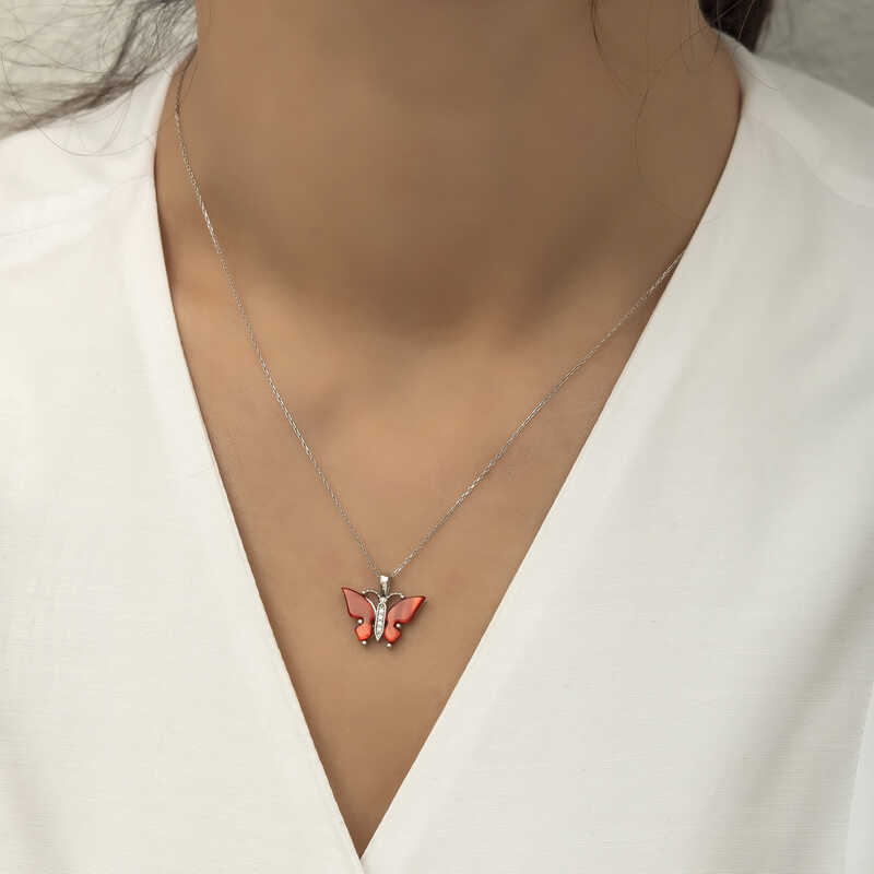Silver Butterfly Necklace with Red Tiger’s Eye Stone