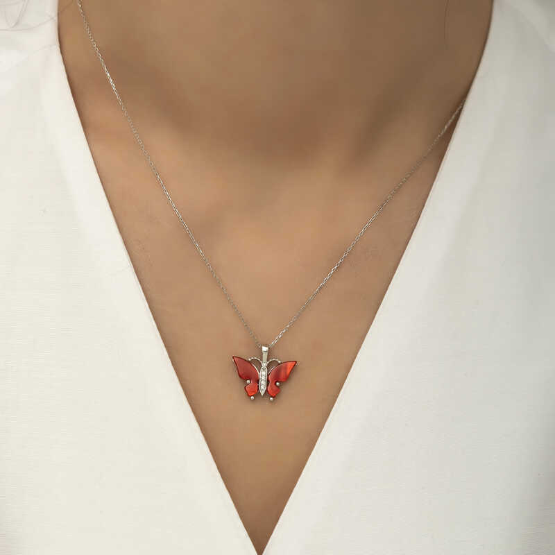 Silver Butterfly Necklace with Red Tiger’s Eye Stone