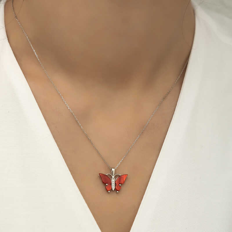 Silver Butterfly Necklace with Red Tiger’s Eye Stone