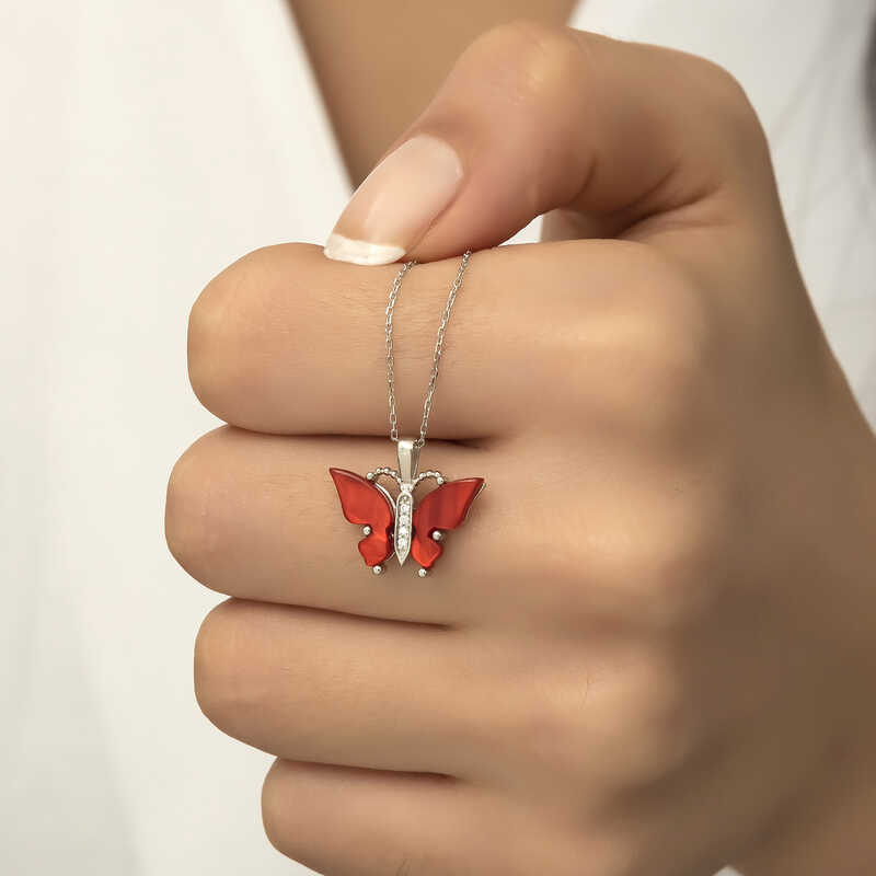 Silver Butterfly Necklace with Red Tiger’s Eye Stone