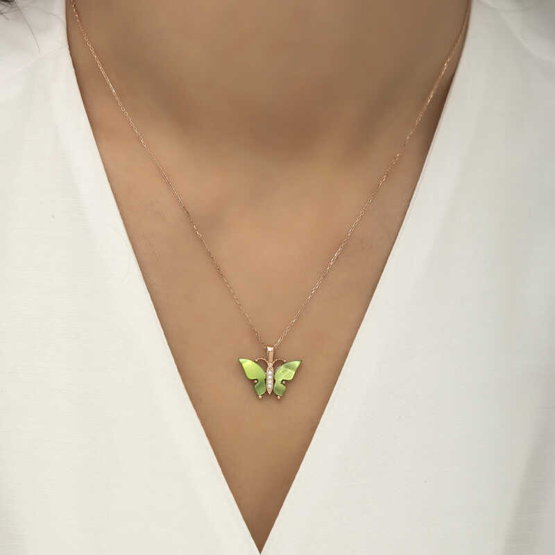 Silver Rose Green Tiger’s Eye Stone Butterfly Necklace