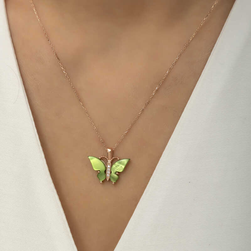Silver Rose Green Tiger’s Eye Stone Butterfly Necklace